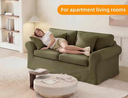 Mistpeople Modern Loveseat Sofa Couch, Upholstered Comfy Sofa with Pillows & Armrests, Deep Seating Couch with Removable Cover for Living Room Bedroom Apartment Office Small Spaces, Green 2 Seats