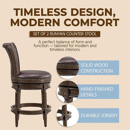 ROME + OAK Set of 2 Runyan 26" Swivel Counter Stool, Rotating High Back Barstool in Dark Walnut Finish with Vintage Brown Vegan Leather Seat
