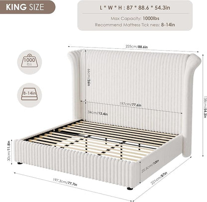 Keyluv King Bed Frame with 54.3” Tall Faux-Fur Wingback Headboard, Upholstered Platform Bed with LED Light, Mattress Foundation with Solid Wooden Slats Support, No Box Spring Needed, Noise-Free, Beige