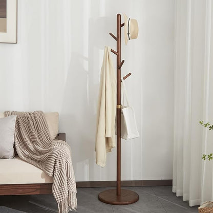 Coat Rack, Solid Wood Coat Rack Freestanding with 6 Hooks, Wooden Coat Tree Freestanding for Hats, Handbags, Coat Stand for Entryway, Bedroom, Hallway - Gift for Her (Walnut)