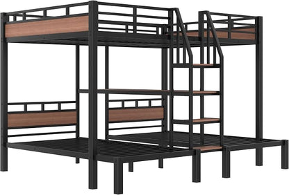 Queen Over Twin Over Twin Metal Bunk Bed, Triple Metal Bunk Bed with Storage Shelves and Wide Storage Stairs for Kids & Adults (Black, Queen Over Twin Over Twin)
