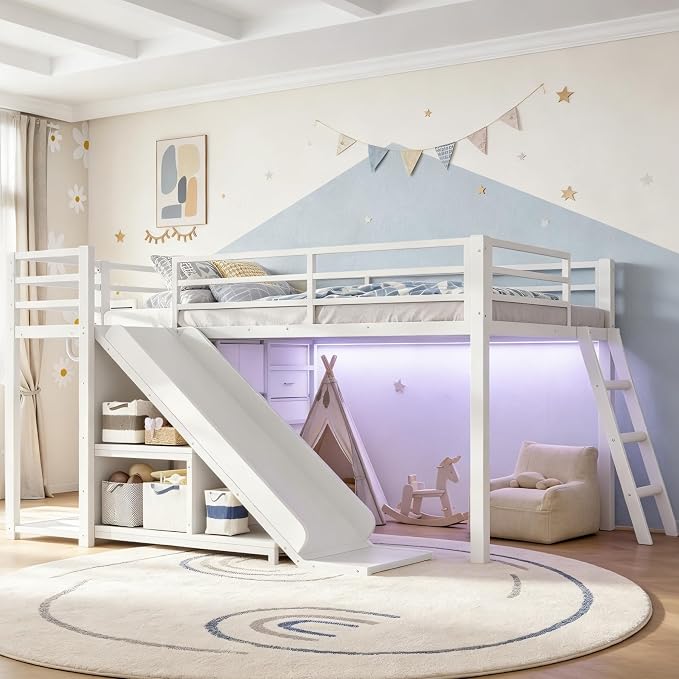 Bellemave Twin Loft Bed with Slide & Ladder, Metal Kids Loft Bed with Storage Drawers & LED Lights, Low Loft Bed Twin Size with Wood Wardrobe & Bookcase, Loft Bed for Kids Teens, White