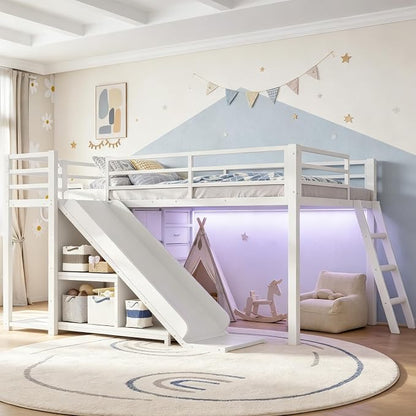 Bellemave Twin Loft Bed with Slide & Ladder, Metal Kids Loft Bed with Storage Drawers & LED Lights, Low Loft Bed Twin Size with Wood Wardrobe & Bookcase, Loft Bed for Kids Teens, White