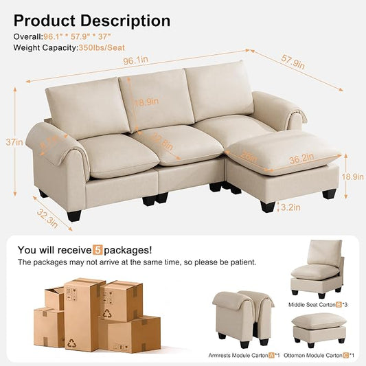 96" Faux Leather Modular Sectional Sofa with Movable Ottoman, Oversized 3 Seater Couch with Curved Armrests, Cloud Modern L-Shaped Sofa Deep Seat for Living Room, Beige
