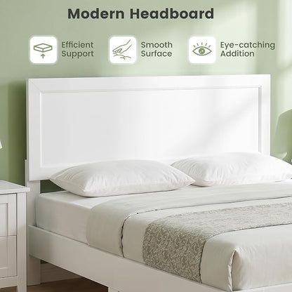 KOMFOTT Full Size Bed Frame, Modern Platform Bed with Headboard, Wooden Slat Support Mattress Foundation, Under-Bed Storage Space, No Box Spring Needed (White,Full)