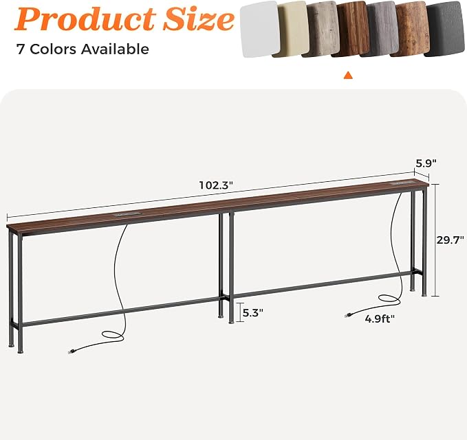 SUPERJARE 102 Inch Sofa Table with 2 Power Outlets and USB-C Ports, 5.9 Inch Narrow Console Table with Storage, Extra-Long, for Entryway Hallway Couch Behind Sofa, Small Spaces, Walnut