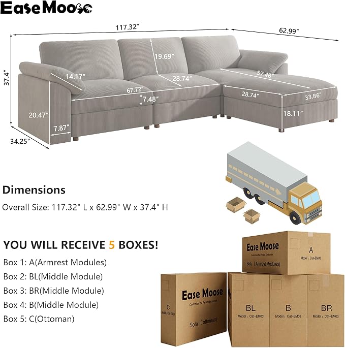 EASE MOOSE Oversized L Shape Sectional Modular Sofa, Wide Deep Seat Couch Large Modular Cloud Sectional Couch,Removable Cover,Light Gray