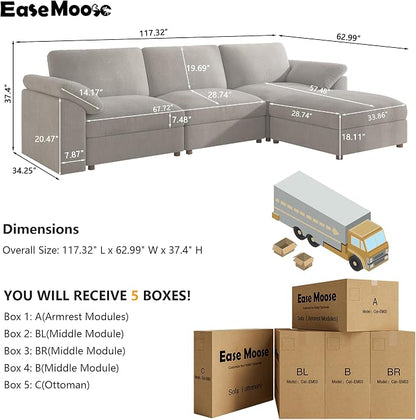 EASE MOOSE Oversized L Shape Sectional Modular Sofa, Wide Deep Seat Couch Large Modular Cloud Sectional Couch,Removable Cover,Light Gray