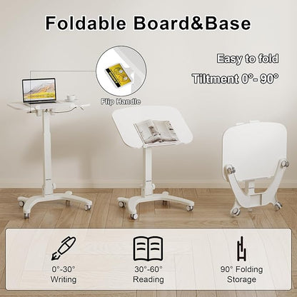 BONTEC Mobile Foldable Standing Desk, Portable Adjustable Height Desk with Gas Spring, Small Rolling Laptop Desk with Wheels for Home, Office, Bedroom, and Medical Use, 25.6" x 19.7" Desktop, White