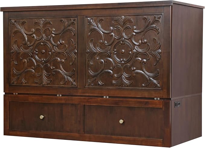Mega Solutions Notturno Murphy Cabinet Bed Queen 8 inch Save Space in Style with Elegant Chestnut Wood Finish Charging Station - Guest Room or Small Apartment Must-Have