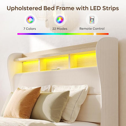 Bestier King Size Upholstered Wingback Bed Frame with 51” High Headboard Corduroy Fabric RGB LED Lights, Charging Station Dual Storage Shelves Modern Off White Platform Bed No Box Spring Needed