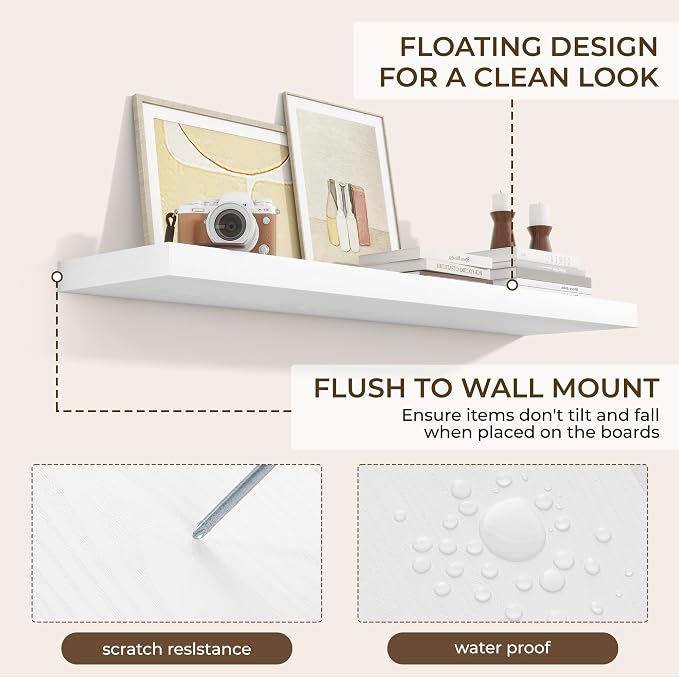 RICHFOCUS 48Inch Floating Shelves for Wall 1 Pack Shelves for Bedroom|Kitchen|Bathroom Wall Mounted Rustic Wood Floating Shelf with Invisible Brackets for Books|Storage|Decor, White