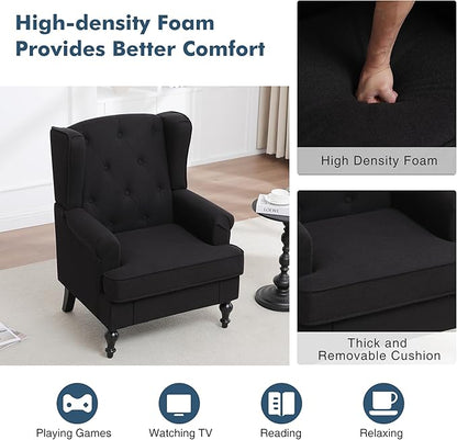 Accent Chair Set of 2, Mid Century Modern Fabric Wingback Chair, Upholstered Armchair with High Back and Vintage Legs, Comfy Single Sofa Side Reading Chair for Living Room Bedroom, Black