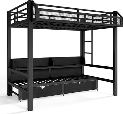 Bellemave Bunk Bed Twin Over Twin, Metal Bunk beds with Storage Shelves and Drawers USB Ports and LED Lights, Lower Bed that can be Converted into a Sofa, Black