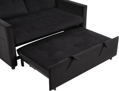 Sofa Bed, Pull Out Couch with Side Pockets, 3 in 1 Velvet Fabric Loveseat Sleeper Sofa Bed, Pull Out Couch with Adjustable Backrest for Living Room, Bedroom, Apartment, Black, 53 Inch