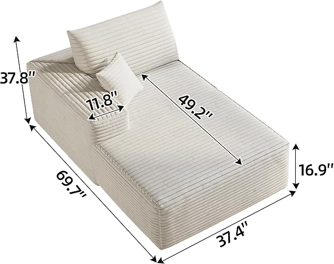 107" Corduroy Couch for Office, Cloud L Shape Sofa, Deep Seat Comfy Couches for Living Room Bedroom Apartment, Compressed Foam No Assembly Required, Left Facing Chaise, White