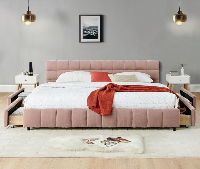 KEIKI King Thick Chenille Bed Frame with 4 Storage Drawer & Upholstered Tufted Headboard, Modern Solid Wood Floor Platform for Bedroom, No Box Spring Needed