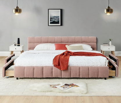 KEIKI King Thick Chenille Bed Frame with 4 Storage Drawer & Upholstered Tufted Headboard, Modern Solid Wood Floor Platform for Bedroom, No Box Spring Needed