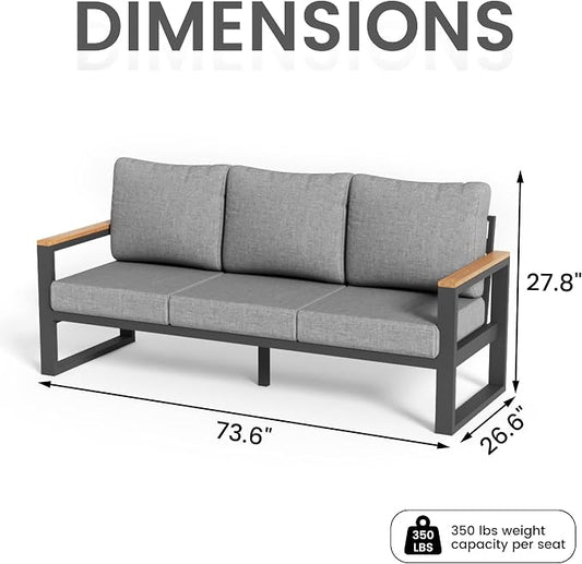 Sundale Outdoor Aluminum Patio Furniture, 3-seat All-Weather Outdoor Couch with 6" Olefin Cushion & Wide Armrest, Outside Sofa Seating for Garden Deck Porch (Grey)