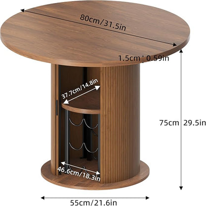 Wildhome Round Dining Table for 2-3, 31 Inch Dining Room Kitchen Table with 2-Tier Storage Shelf & Wine Rack, Modern Farmhouse Fluted Wood Slide Door Dinner Furniture,Circle(Non scalable-32 In-Walnut)