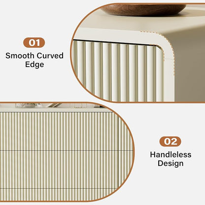 Furniway Bedroom Dresser Set 3 Piece, 6 Drawer Curved Dresser with 2 Nightstands, Modern Fluted Wood Storage Cabinet, White Chest of Drawers with Pop-Up Design, Beige