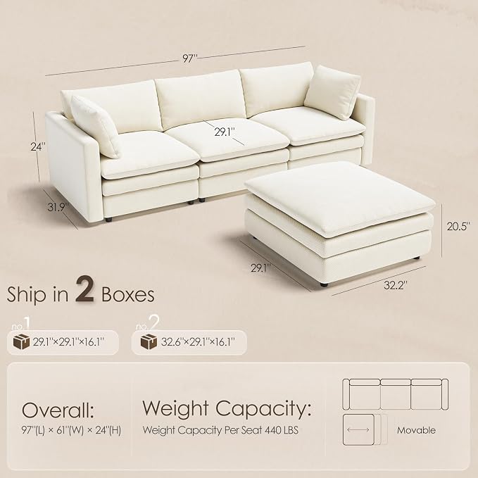 97" Cloud Couches for Living Room, 29.1" Deep Seat Modular Sectional Sofa, L Shaped Cloud Sofa with One Movable Ottoman