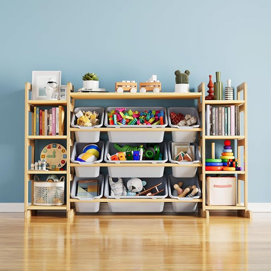 SpaceAid Large Toy Storage Organizer 9 Shelves 9 Bins, Toy Organizers Storage Bookshelf, Kids Bin Shelf Toys Box Bookcase for Bedroom Playroom Organization Room Decor, Neutral Gray