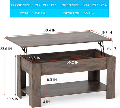 FDW 39.4" Lift Top Coffee Table with Hidden Compartment and Storage Shelf Wooden Lift Tabletop for Home Living Room Reception Room Office,Dark Brown