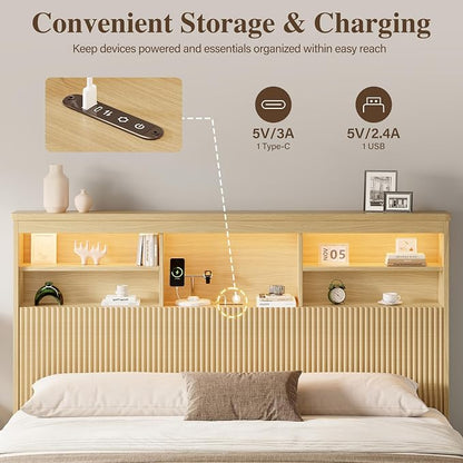 King Size Bed Frame and Tall Headboard & Storage, Metal Platform Bed Frame with 4 Storage Drawers, King Bed Frame with LED Lights & Charging Ports, No Box Spring Needed, Noise-Free, Natural