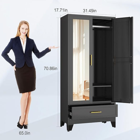 erosoei 71" H Metal Armoire Wardrobe Closet with Mirror,Household Steel Wardrobe Cabinet with Drawers,Clothing Storage Armoire Cabinet with Adjustable Shelves and Hanging Rod for Bedroom（Black）