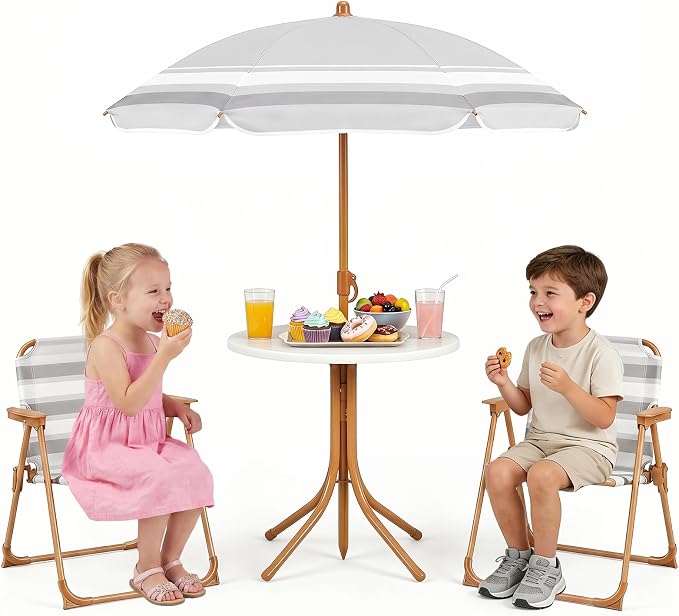 Olakids Kids Picnic Table, Outdoor Toddler Patio Furniture Set with 2 Folding Chairs Adjustable Foldable Umbrella for Garden Backyard Beach (Khaki)