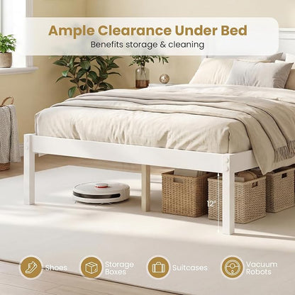 Giantex Full Size Wood Platform Bed Frame with Headboard, Mid Century Solid Wood Mattress Foundation with Slat Support, Double Bed Frame w/16 Under-Bed Storage, No Box Spring Needed (White)