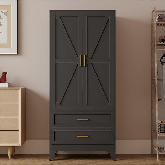 71" Tall Metal Armoire Wardrobe Closet,17.7" Deep By 31.5" Wide Portable Closet for Hanging Clothes,Wardrobe Cabinet with Drawers and Shelves for Bedroom Office Garage,Black 1 Pack
