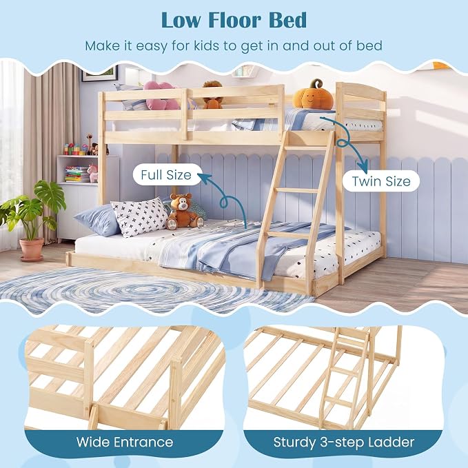 Giantex Twin Over Full Bunk Bed, Solid Wood Kids Bunk Bed with Full-Length Guardrails & Ladder, Low Bunk Beds with Slats Support for Kids, Teens, No Box Spring Needed, Natural