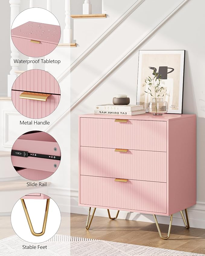 Fluted 3 Drawer Dresser for Bedroom, Modern Storage Bedroom Dresser Chest Cabinet Organizer with Anti-Tip Hardware for Living Room, Dressing Room, Kids Room, Office (Pink)