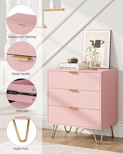 Fluted 3 Drawer Dresser for Bedroom, Modern Storage Bedroom Dresser Chest Cabinet Organizer with Anti-Tip Hardware for Living Room, Dressing Room, Kids Room, Office (Pink)