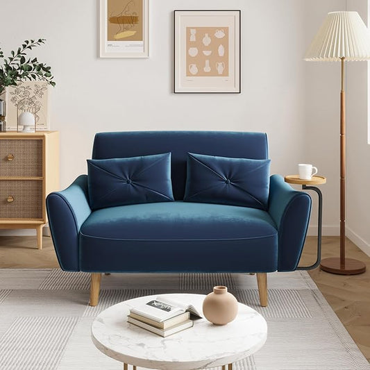 Brelice Loveseat Sofa, 47" Velvet Couch for Bedroom, Convertible Wooden Tray & Ergonomic Armrest, for Small Space, Apartment, Living Room, Home Office, Easy Assembly, Blue