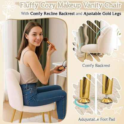 VINGLI Boucle Girls Vanity Chair with Back & Pillow,Cute Small Cozy Desk Chair No Wheels,Comfy Makeup Ch with Ajustable Gold Legs,for Bedroom,Living Room,Small Space,Khaki