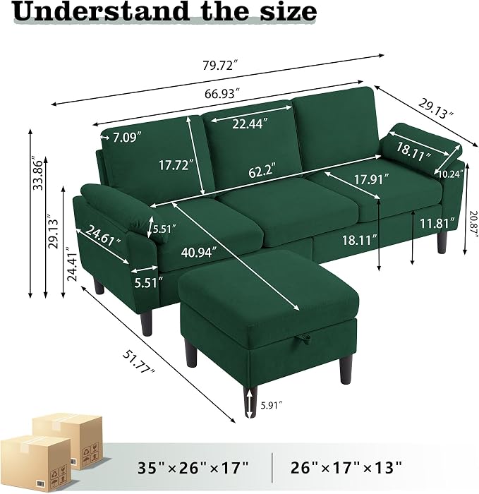 80" Convertible Sectional Sofa, Modern Linen Small L Shaped Couch with Reversible Chaise and Storage Ottoman, 3-Seat Sofa Couches for Living Room, Office, Apartment, Green
