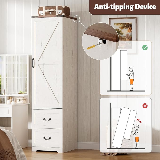 Armoire Wardrobe Closet with Reversible Hinge Doors and Adjustable Shelves, 71” Tall Farmhouse Narrow Wardrobe Closet with 2 Drawers and Hanging Rod, Rustic Wooden Armoire Closet for Bedroom, White