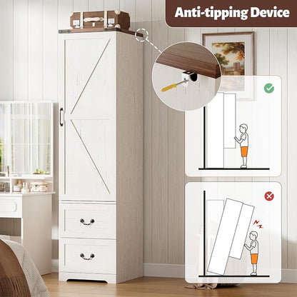Armoire Wardrobe Closet with Reversible Hinge Doors and Adjustable Shelves, 71” Tall Farmhouse Narrow Wardrobe Closet with 2 Drawers and Hanging Rod, Rustic Wooden Armoire Closet for Bedroom, White