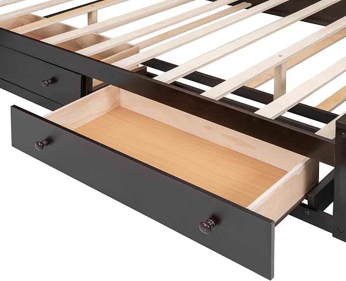 Merax Queen Size Wooden Bed with All-in-One Cabinet and Shelf, Espresso Platform Bed Frame with 2 Drawers, Trundle and Sockets