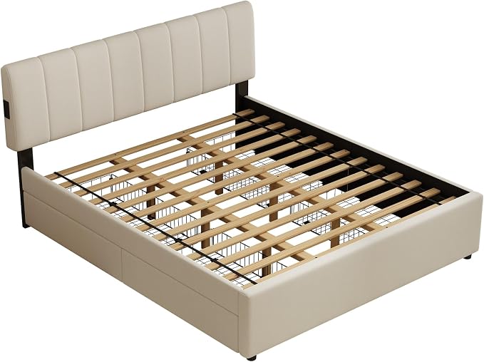 King Size Upholstered Platform Bed with 4 Storage Drawers | 4 Storage Drawers, USB/Type-C Charging,APP-Controlled LED Lights,No Box Spring Needed,Beige Chenille Fabric,Easy to Assemble
