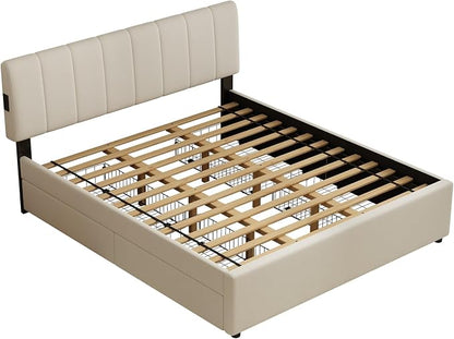 King Size Upholstered Platform Bed with 4 Storage Drawers | 4 Storage Drawers, USB/Type-C Charging,APP-Controlled LED Lights,No Box Spring Needed,Beige Chenille Fabric,Easy to Assemble