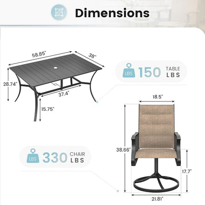 7 Pieces Patio Dining Set, Padded Patio Outdoor Furniture Set of 6 Patio Swivel Dining Chairs and Patio Spliced Rectangular Tabletop with Umbrella Hole, for Deck, Backyard, Poolside & Garden