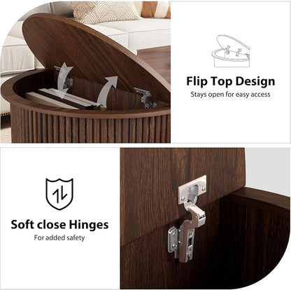 HSH 47" Oval Coffee Table with Storage, Walnut Coffee Table for Living Room | Modern Center Table with Press Type Door, Fluted Living Room Tables with 2 Flip-Top Hidden Lids, Wood Table
