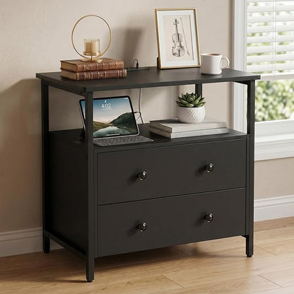 Edbuosy 27 inch Wide Night Stand with Charging Station, Bedside Table with Open Shelf, 2 Drawers Small Wood Dresser, Modern Wood Nightstand for Bedroom/Living Room, Black