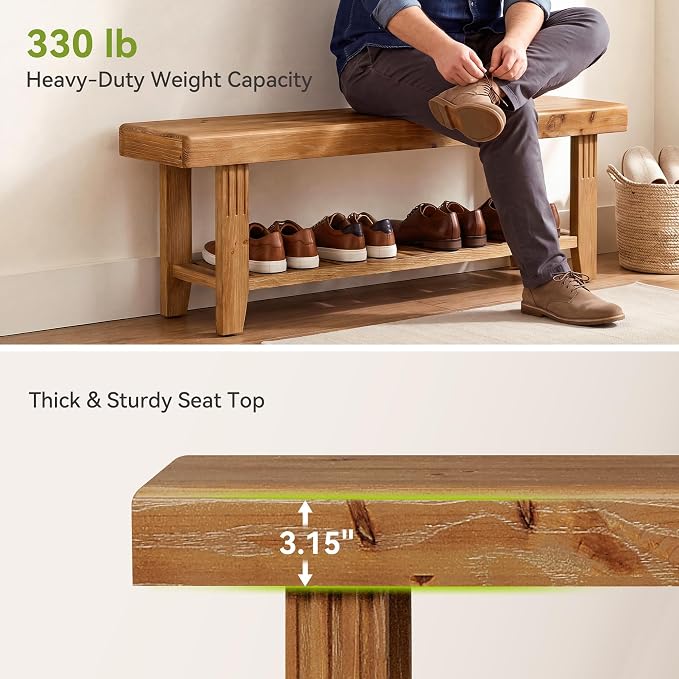 LITTLE TREE 63" Solid Wood Entryway Bench, Rustic Wooden Shoe Bench with Slatted Storage Shelf, Heavy Duty Indoor Bench for Hallway, Bedroom, Living Room, Dining Room