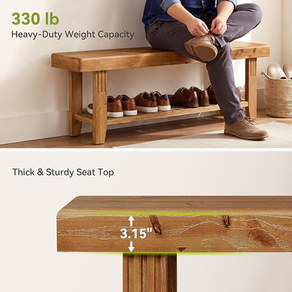 LITTLE TREE 63" Solid Wood Entryway Bench, Rustic Wooden Shoe Bench with Slatted Storage Shelf, Heavy Duty Indoor Bench for Hallway, Bedroom, Living Room, Dining Room