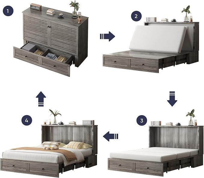 ijuicy Queen Cube Murphy Bed, Charge & Storage, No Mattress，Grey | Space-saving hideaway foldable design, practical temporary sleeping bed for guest room & small space use